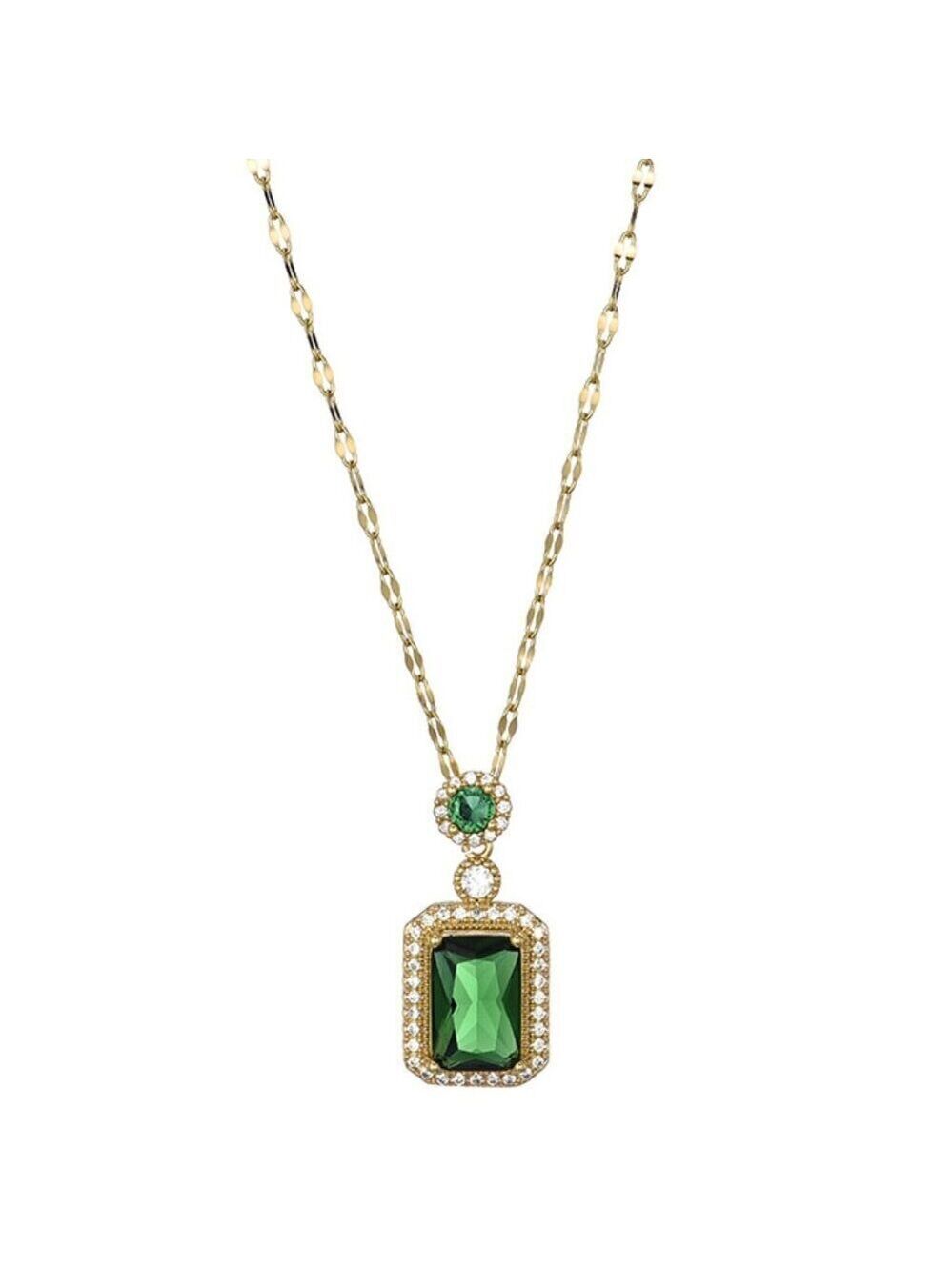 18K Gold Plated Stainless Steel Lips Chain Simulated Green Emerald Necklace